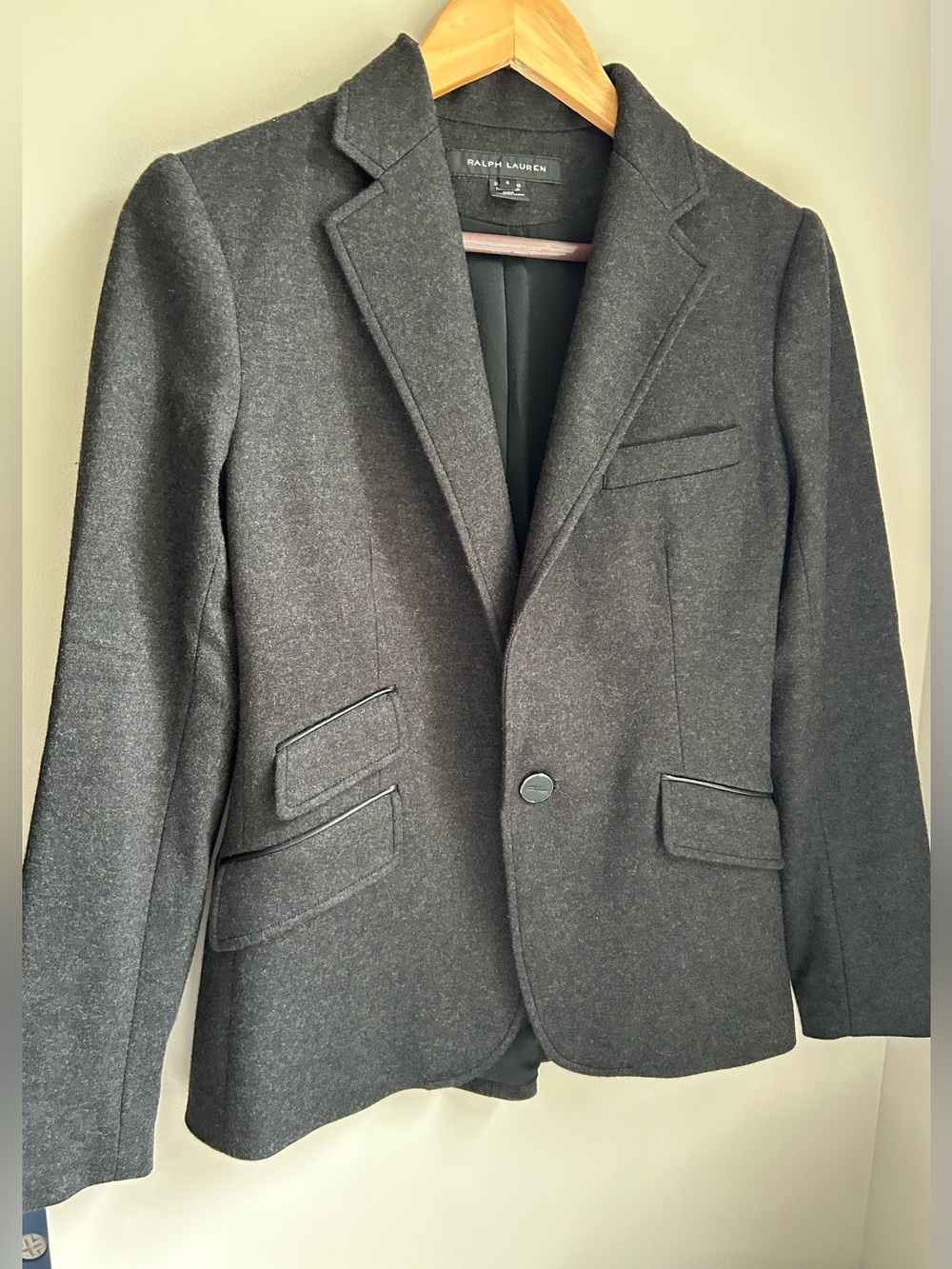 Ralph Lauren Wool Calf Leather Trim Blazer Silk Lined Charcoal Gray Size 4